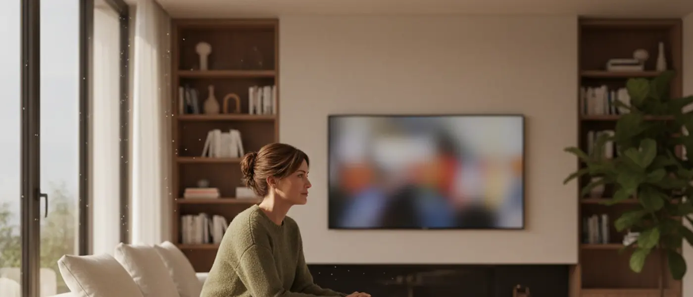 Donna italiana sul divano che guarda la TV con espressione pensierosa