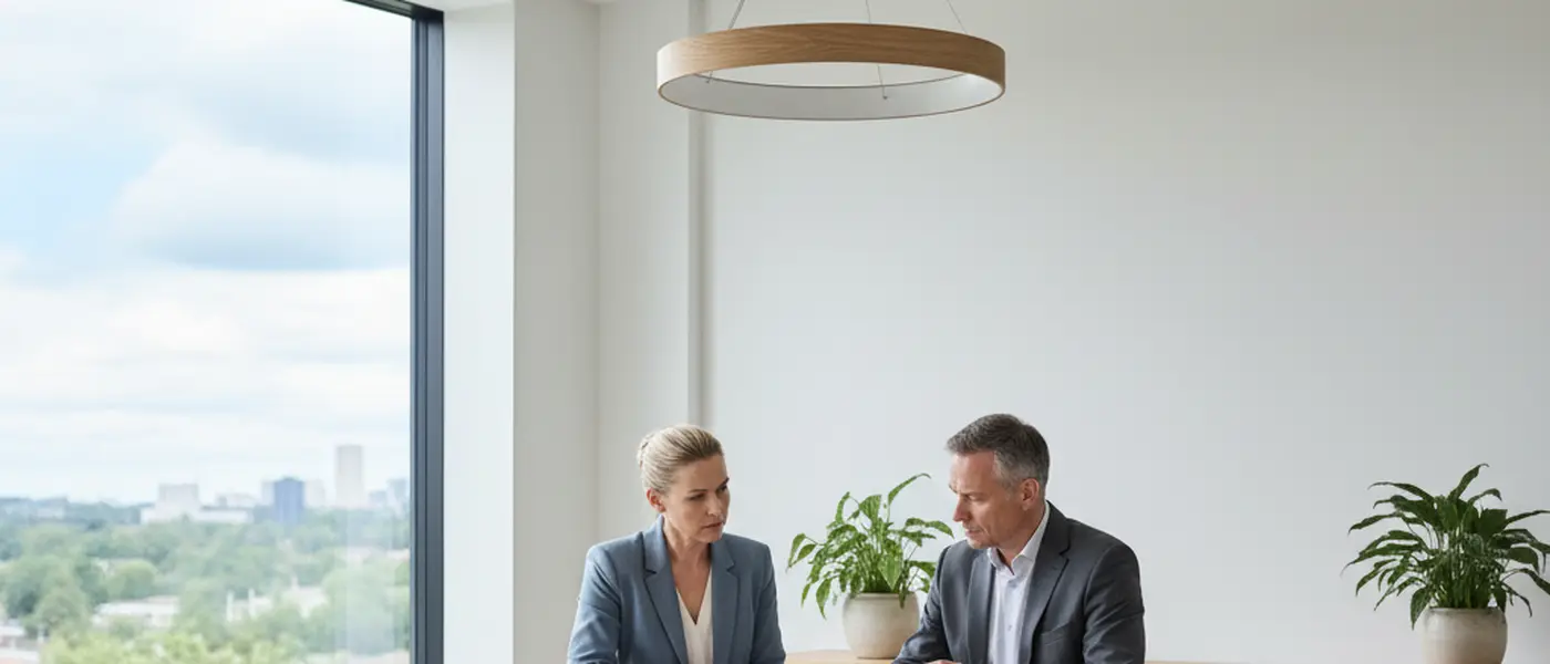 Kvinne sitter ved skrivebordet hos en advokat og diskuterer dokumenter alvorlig, profesjonelt kontormiljø i nordisk stil