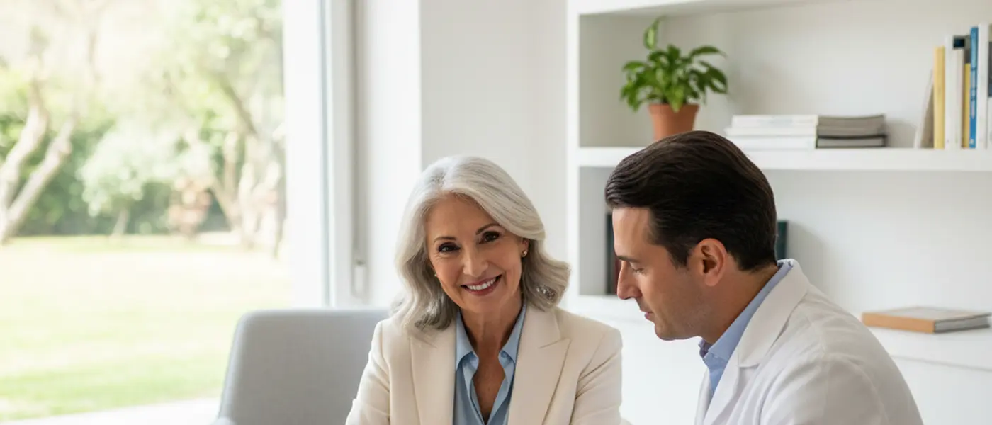 Donna italiana elegante in consultazione medica preventiva con dottore