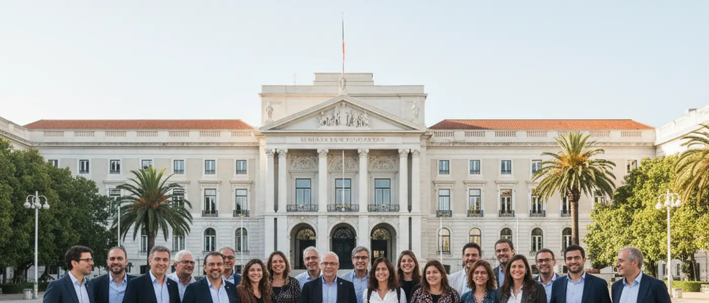 Trabalhadores do setor público em greve em Portugal, segurando cartazes sindicais