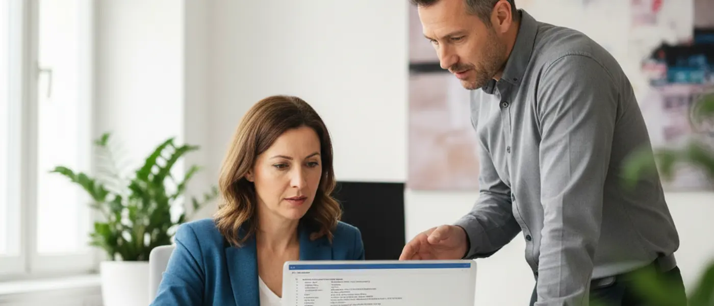 Small business owner reviewing IT issues with a technician in a bright modern UK office