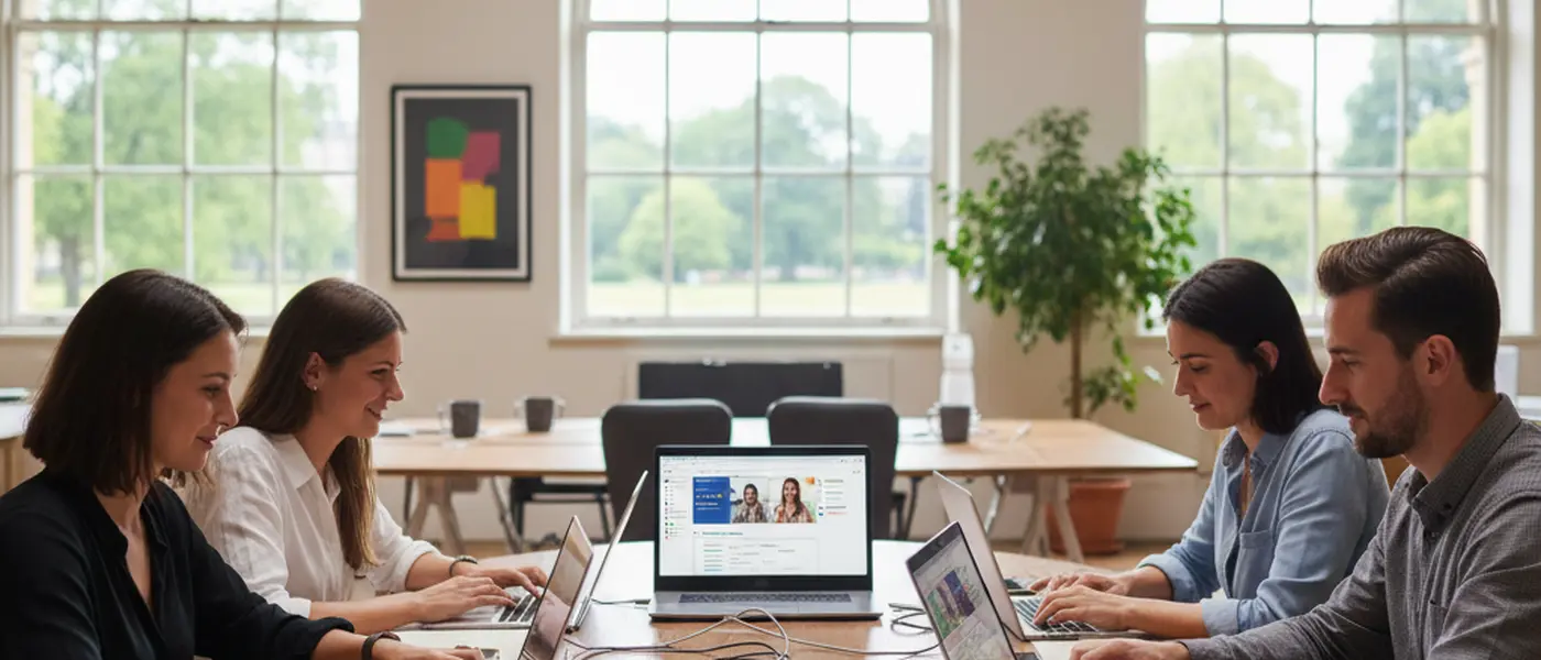 Diverse team of professionals working on laptops in a British co-working space with cloud collaboration tools