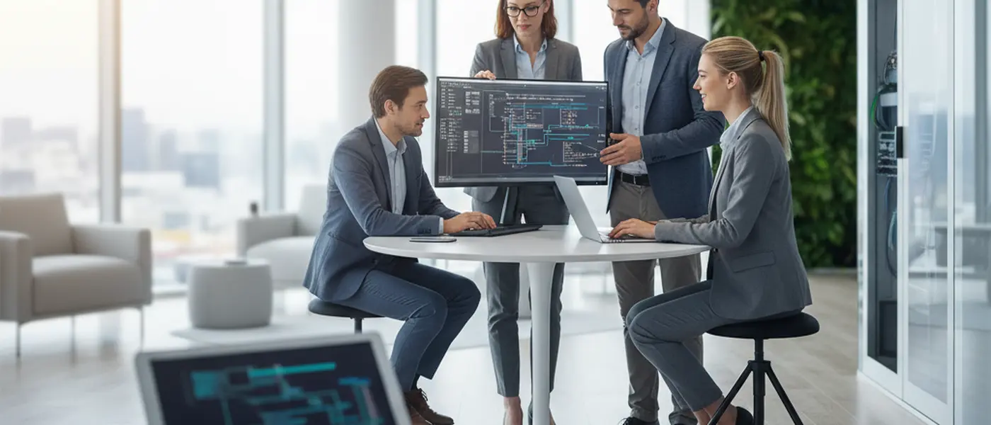 British IT support engineer monitoring network dashboards at a modern help desk in a London office