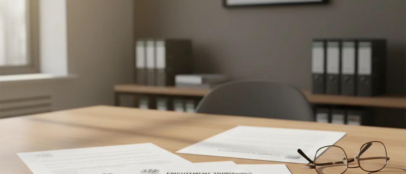 Employment tribunal paperwork and legal documents on a desk with pen and glasses