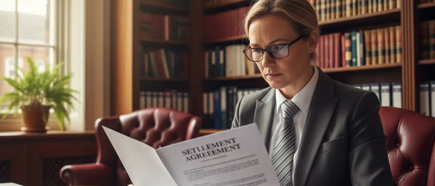 Employment lawyer reviewing a settlement agreement in a UK law office