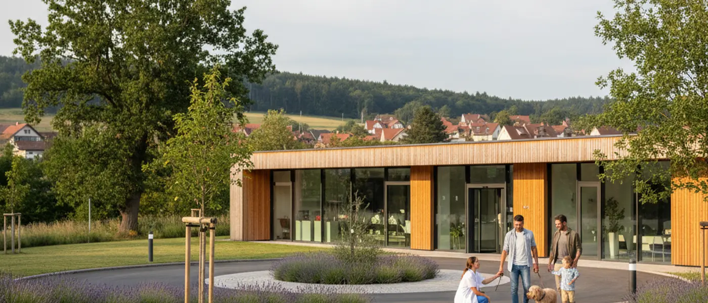 Veterinary surgeon examining a golden retriever in a modern British animal hospital