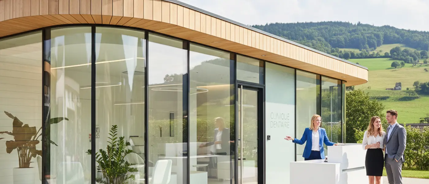Woman smiling at the reception desk of a modern dental clinic in London