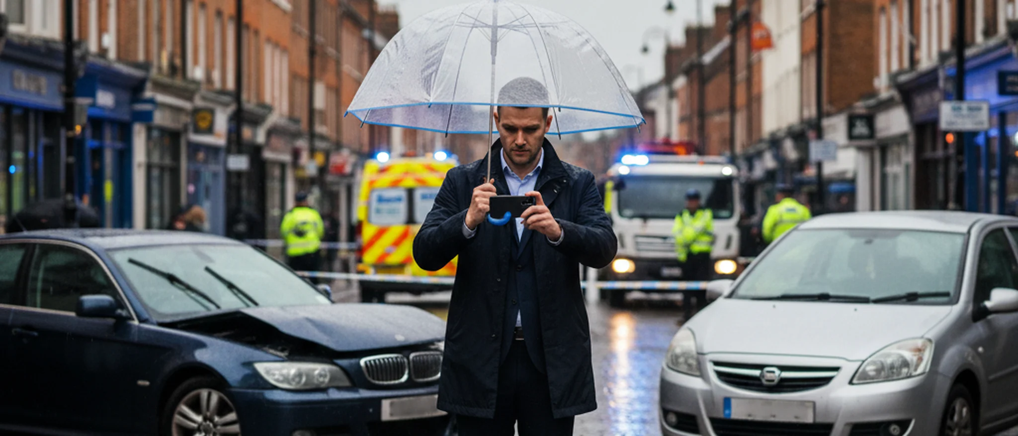 Person documenting a car accident scene on a rainy UK street, capturing evidence on a smartphone