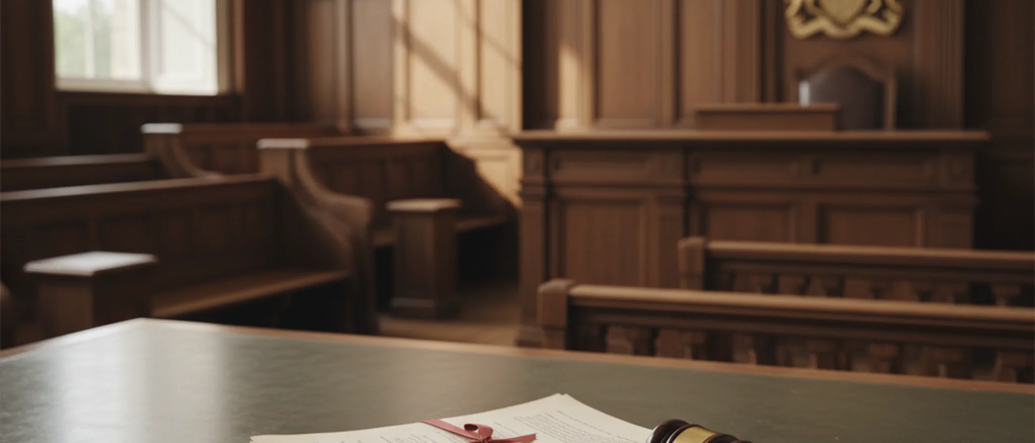 Legal documents and a gavel on a wooden desk in a British courtroom