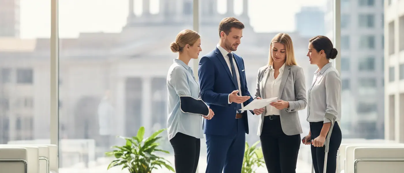 British solicitor reviewing case documents with an injured client in a modern London law office