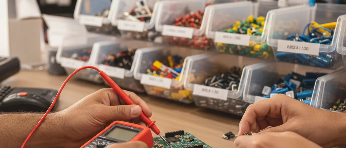 Mãos comparando componentes eletrônicos com multímetro em balcão de loja de eletrônica no Brasil