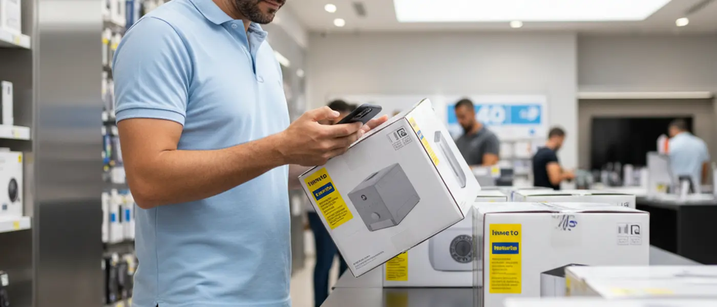 Cliente verificando selos de certificação em embalagens de produtos eletrônicos em loja brasileira