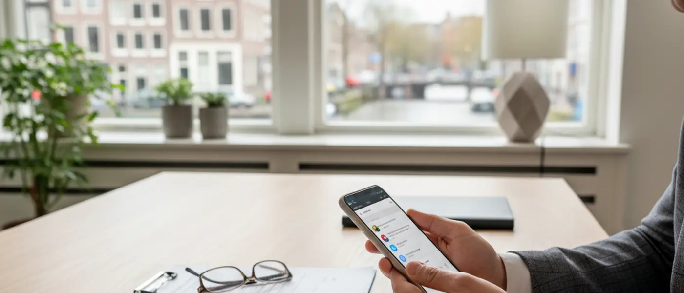 Advocaat houdt smartphone met wazig social media-scherm, juridische documenten op kantoor