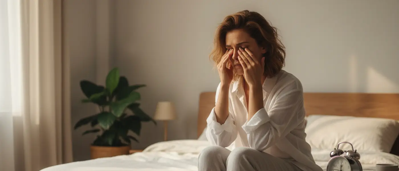 Müde Frau sitzt am Morgen auf der Bettkante und reibt sich die Augen, Wecker im Hintergrund