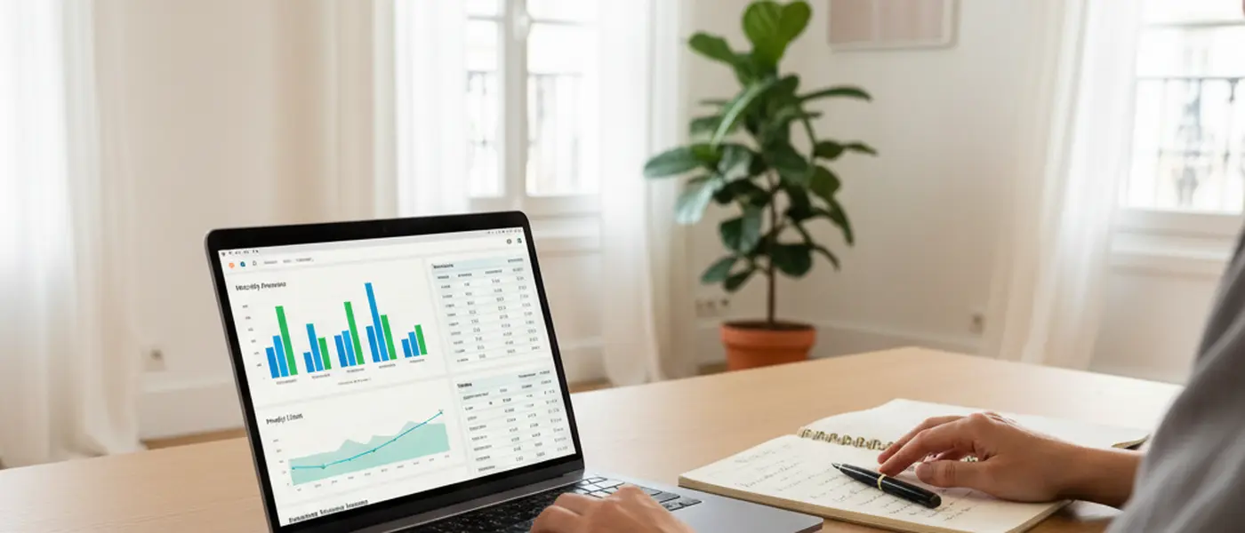 Mains tapant sur un clavier d'ordinateur portable affichant un tableau de bord comptable avec graphiques financiers