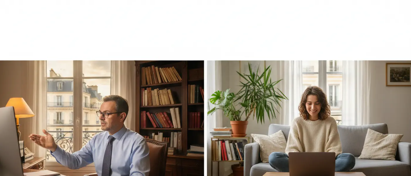 Visioconférence entre un expert-comptable dans son bureau et une entrepreneuse sur son ordinateur portable