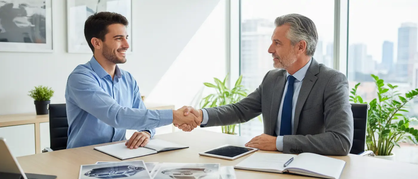 Donna italiana che confronta documenti di assicurazione auto al computer in un appartamento moderno