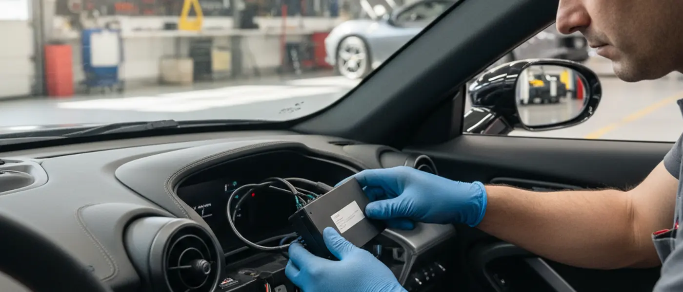 Dispositivo telematico nero installato nel cruscotto di un'auto in un'officina italiana