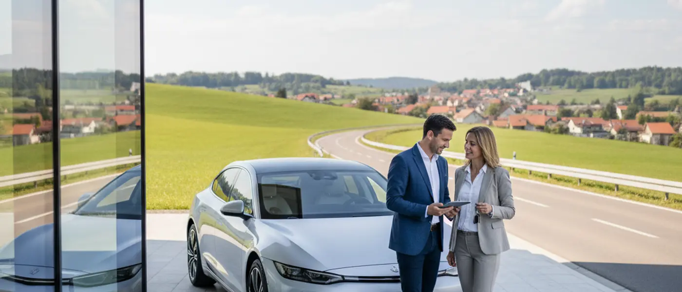 Donna italiana che esamina documenti di assicurazione auto al computer in un appartamento moderno a Milano