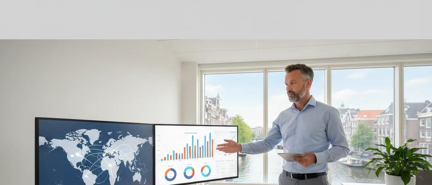 Nederlandse financieel adviseur bekijkt wereldkaart en beleggingsgrafieken op twee monitors in modern Amsterdam kantoor