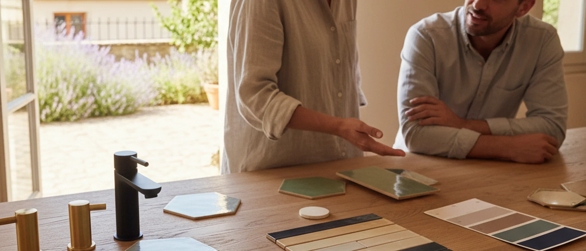 Échantillons de matériaux de rénovation de salle de bain disposés sur une table en bois dans un intérieur français