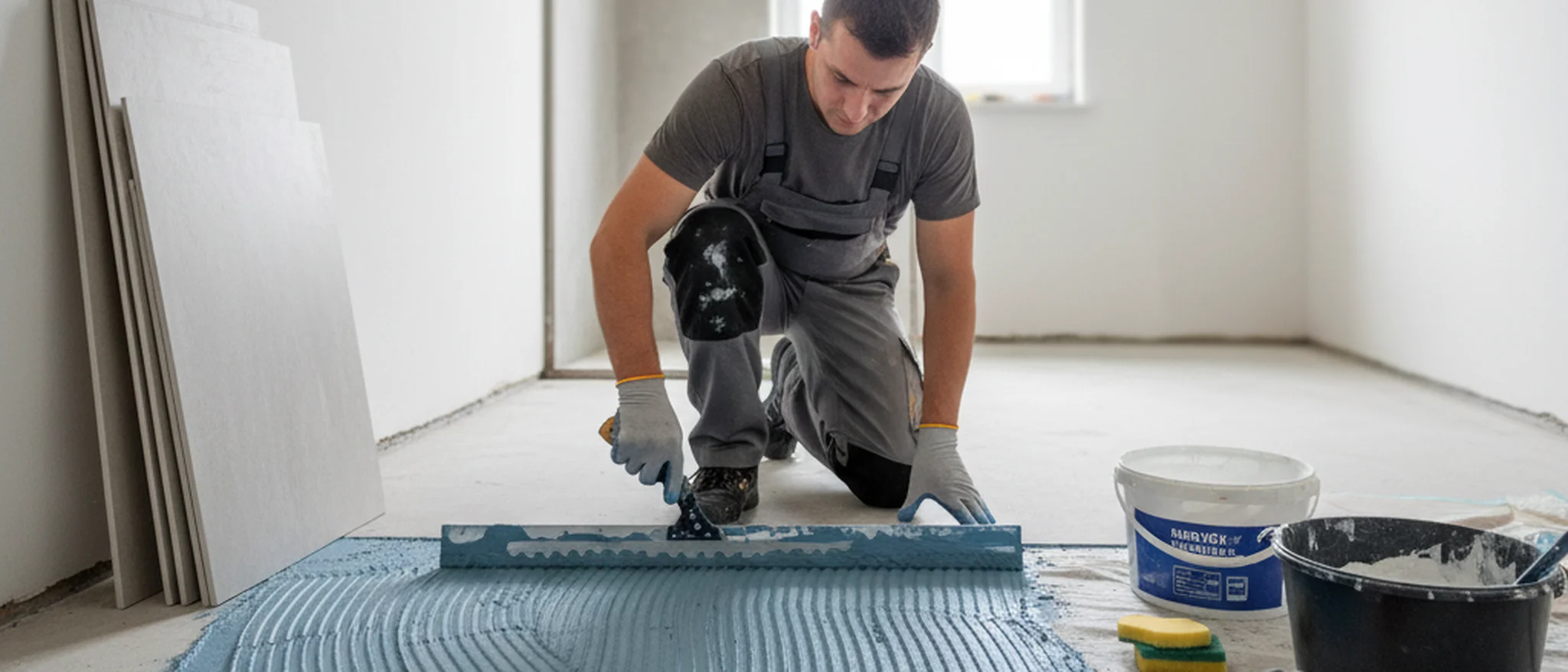 Artisan appliquant une membrane d'étanchéité sur un sol de salle de bain avant la pose de carrelage
