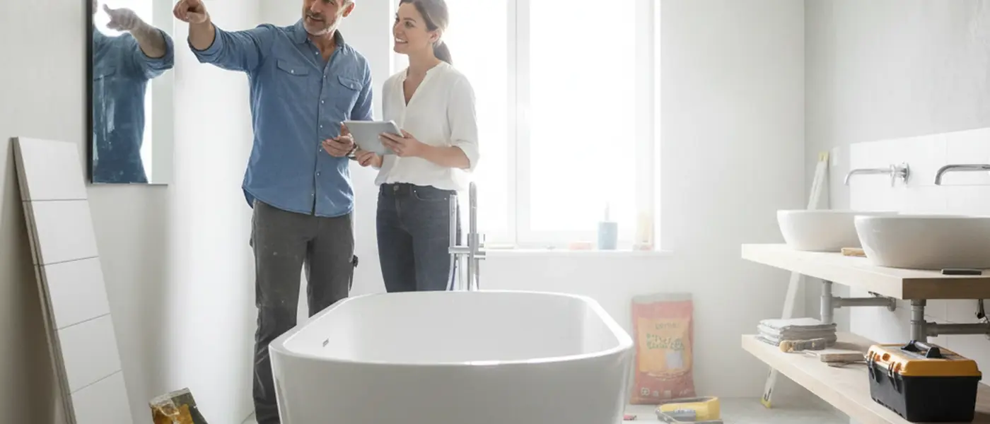 Artisan plombier installant une douche à l'italienne dans une salle de bain en rénovation