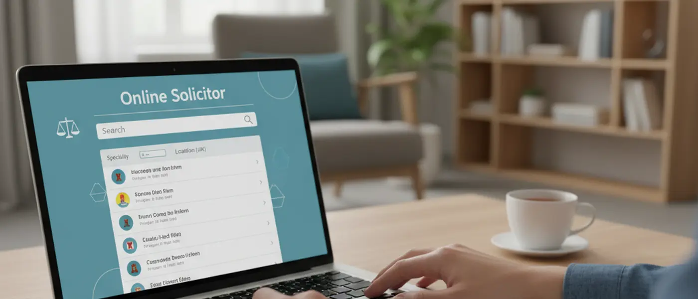 Person searching an online solicitor directory on a laptop with a notepad of questions beside the keyboard