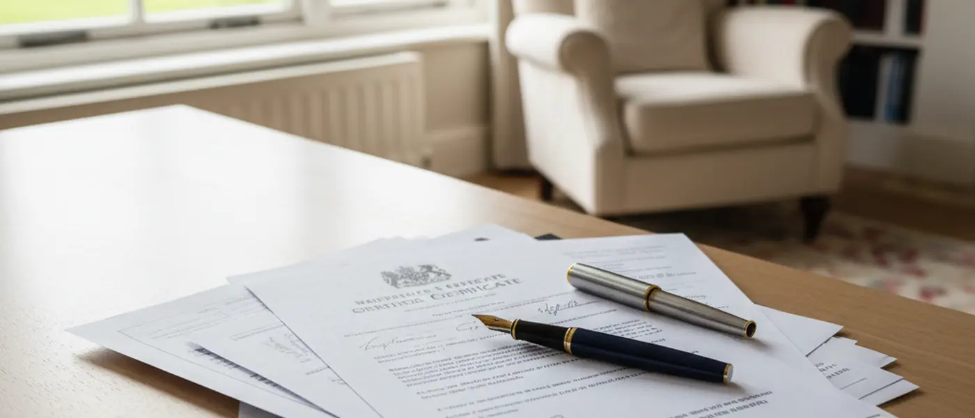 Legal documents including a marriage certificate and financial statements on a desk with natural light