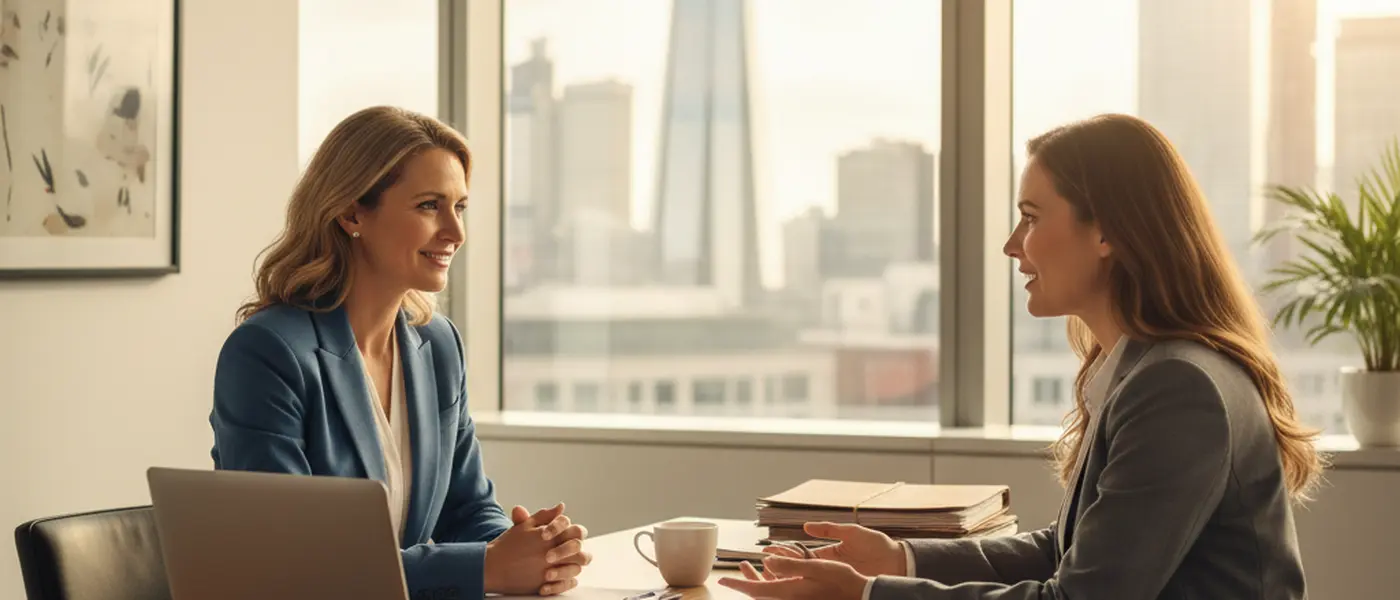 British woman consulting with a female divorce solicitor in a modern London law office