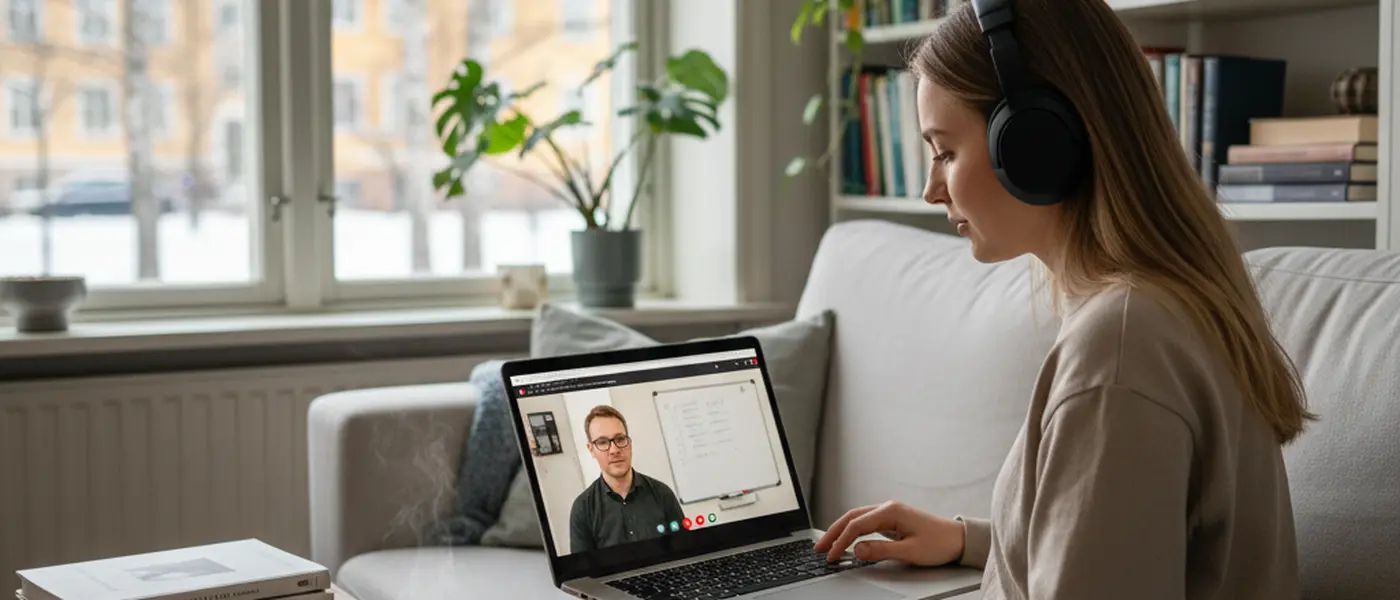 Nuori nainen opiskelee verkossa tutorin kanssa kannettavalla tietokoneella kotonaan Suomessa