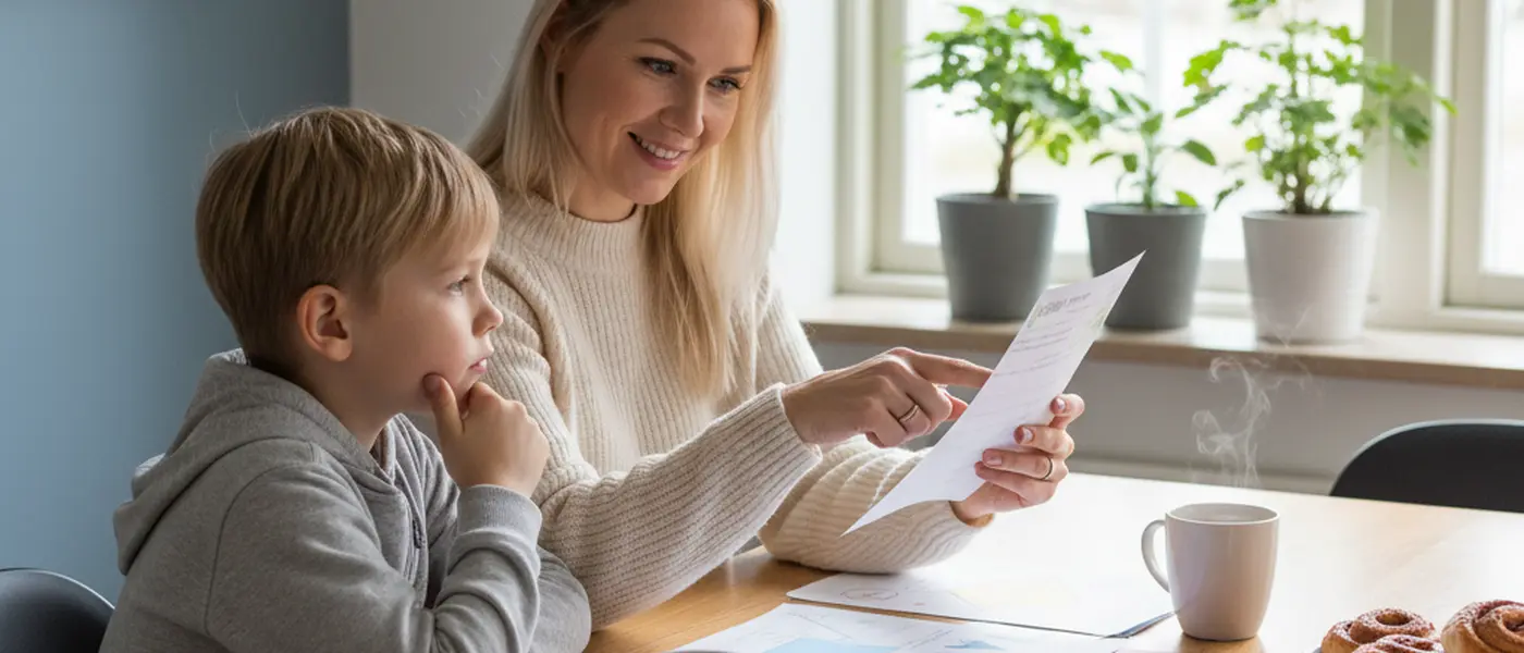 Suomalainen vanhempi ja lapsi tarkastelevat koulutodistusta keittiön pöydän ääressä
