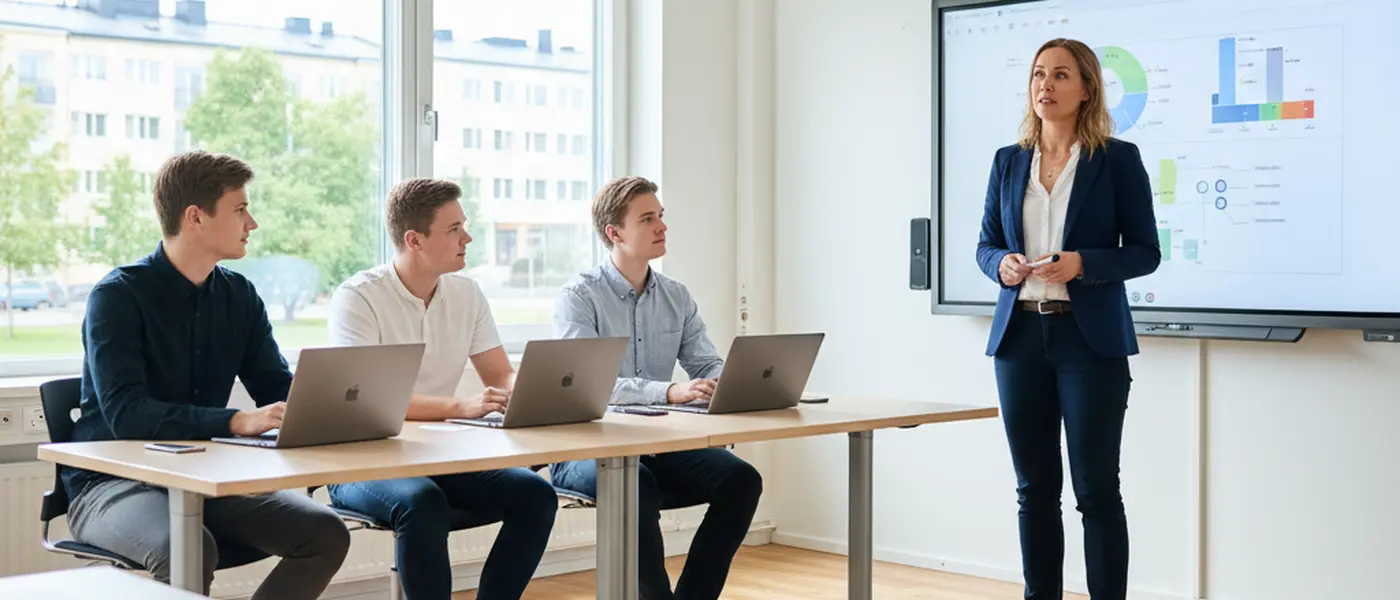 Suomalainen yliopisto-opiskelija opettaa teinityttöä modernin työpöydän ääressä Helsingissä, kannettava tietokone auki matemaattisine yhtälöineen