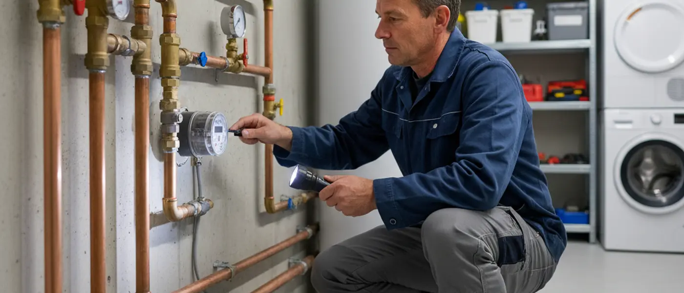 Personne vérifiant un compteur d'eau dans un local technique, lampe torche en main et tuyaux en cuivre au mur