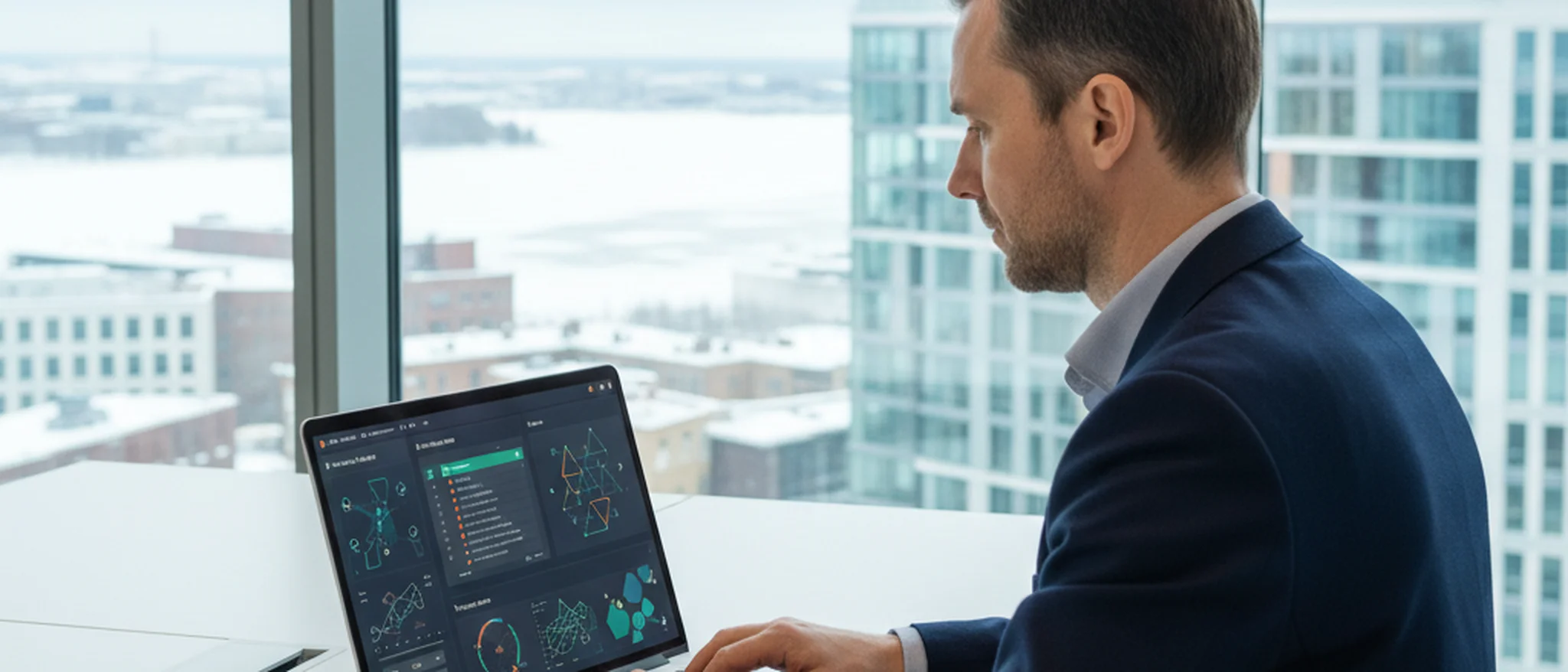 Tietoturva-asiantuntija analysoi palomuuriasetuksia kannettavalla tietokoneella suomalaisessa yritysympäristössä