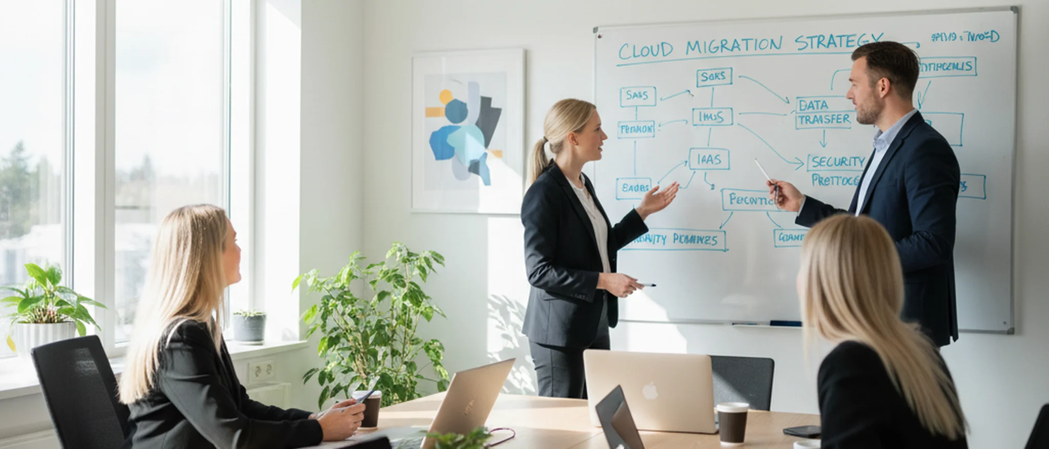 Suomalainen pienyritysten tiimi keskustelee pilvimigraatiostrategiasta neuvottelupöydän ääressä