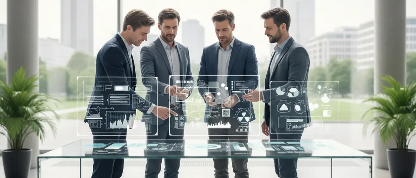 IT-konsultti työskentelee modernissa helsinkiläisessä toimistossa kahden näytön ääressä, käyden läpi verkkoarkkitehtuurikaavioita asiakkaan kanssa