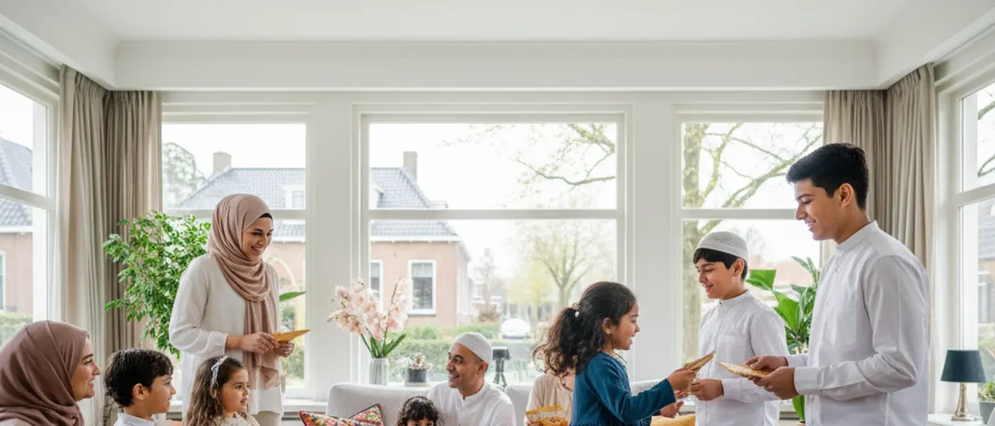 Een Nederlandse moslimfamilie viert Eid al-Fitr met cadeaus voor de kinderen
