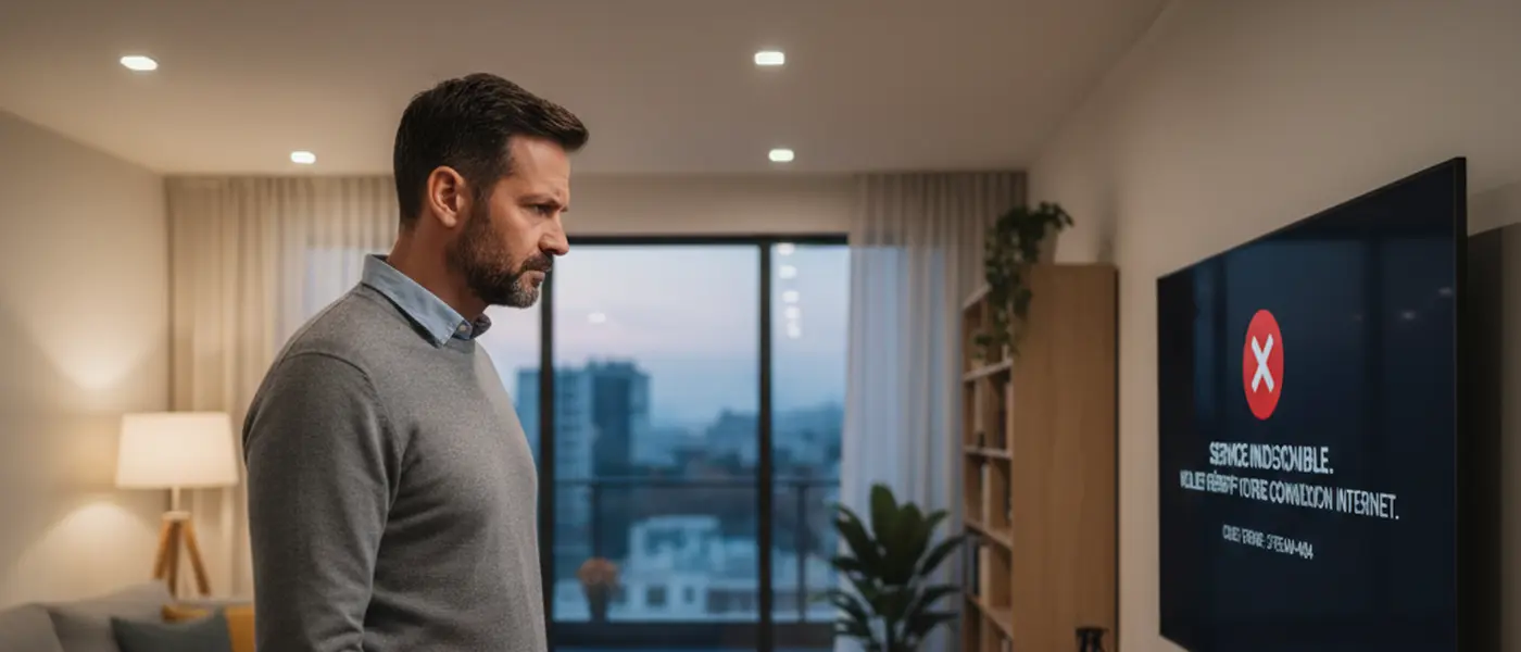 Un homme perplexe devant son écran de télévision affichant une erreur de streaming