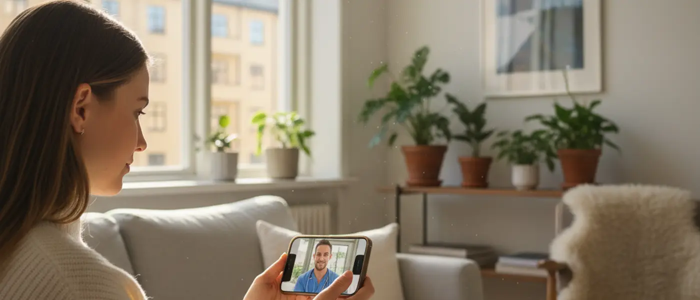 Kvinna hemma i vardagsrum konsulterar en läkare via videolänk på sin smartphone