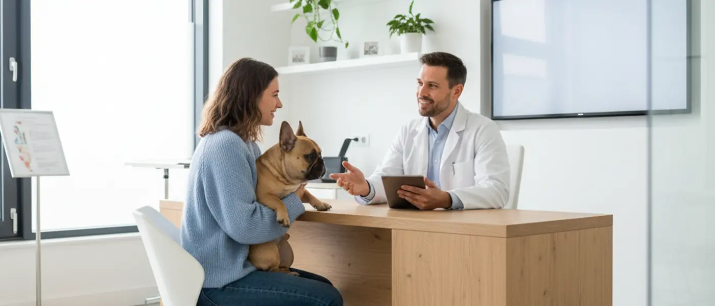 Tutora portuguesa com bulldog francês ao colo numa consulta veterinária