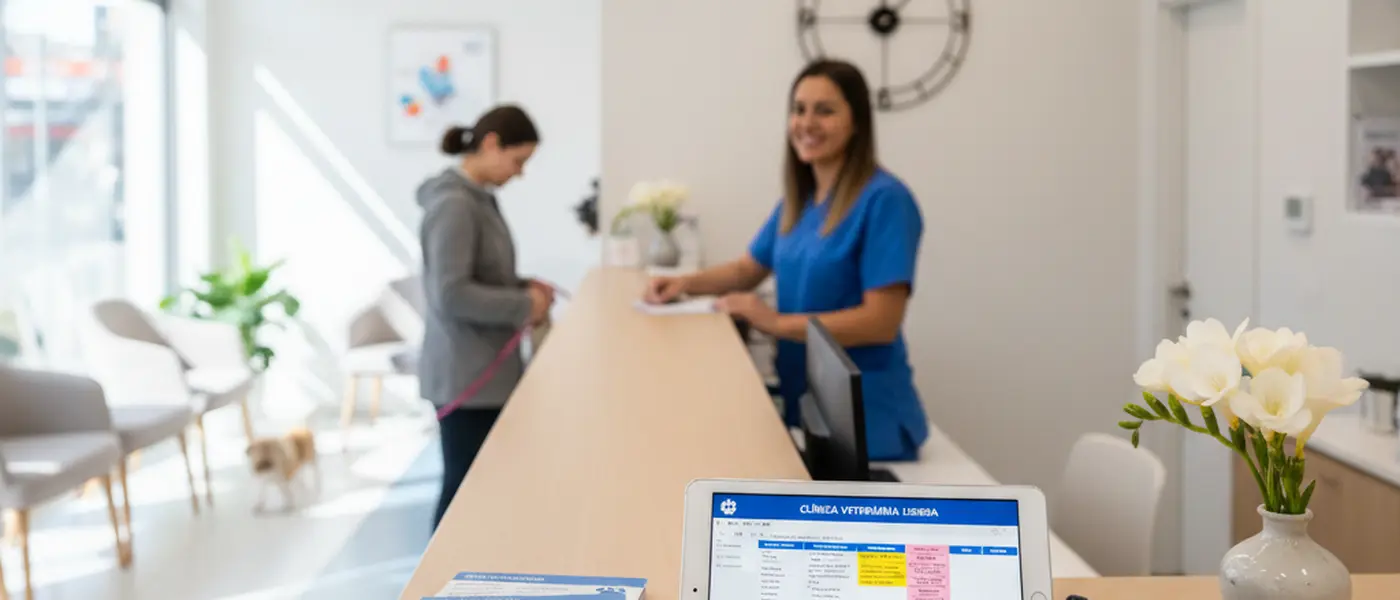 Receção de clínica veterinária com tablet de marcações e cartão de vacinas sobre o balcão