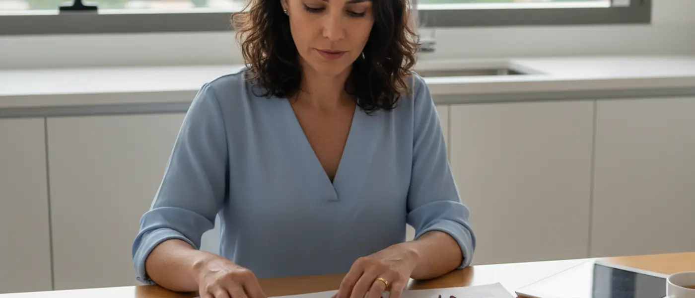 Paciente organizando exames e documentos médicos em uma mesa, preparando-se para uma consulta com o clínico geral