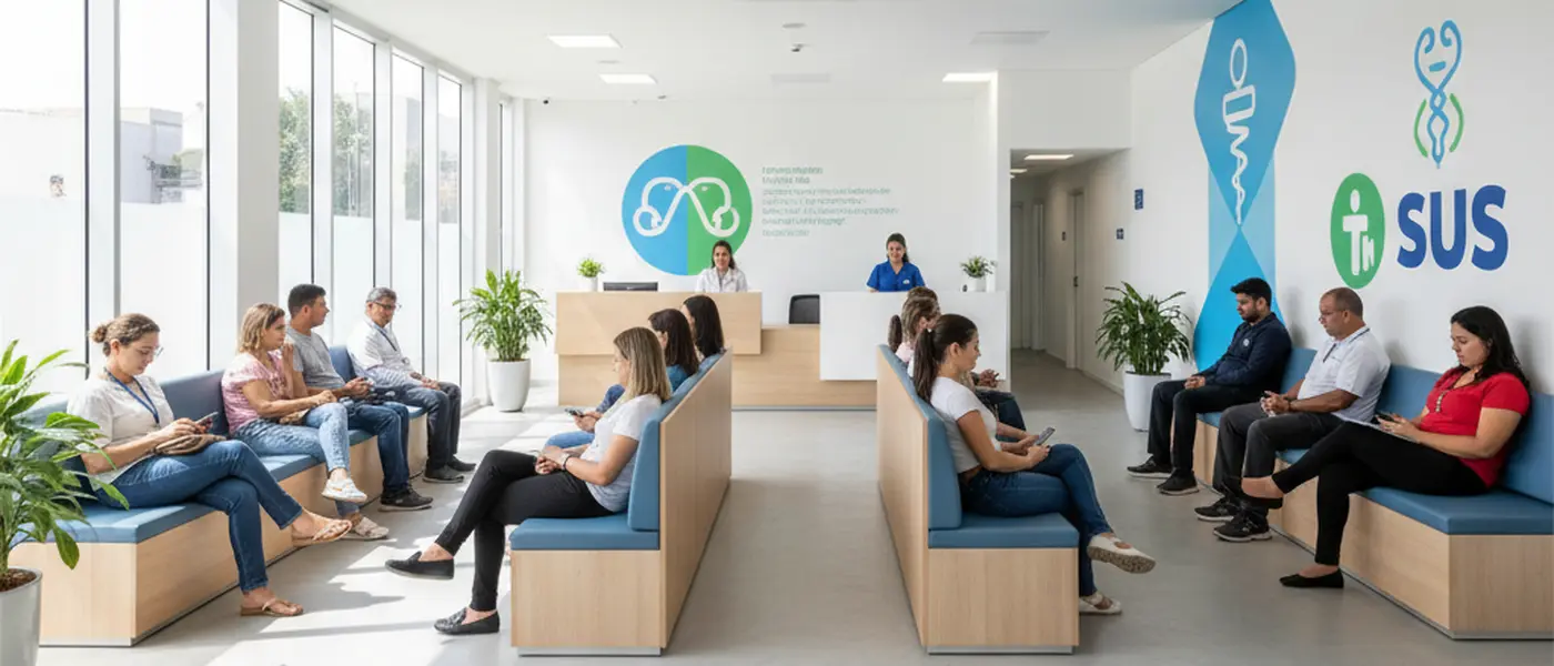 Sala de espera de clínica médica brasileira com pacientes aguardando atendimento em ambiente moderno e iluminado