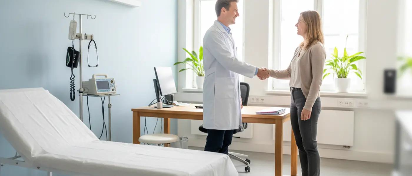 Nederlandse vrouw belt een huisartsenpraktijk aan de keukentafel met laptop open