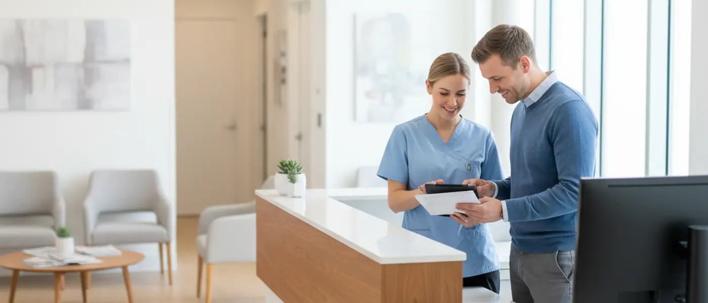 Receptie van een Nederlandse huisartsenpraktijk waar een assistente een patiënt helpt met inschrijving