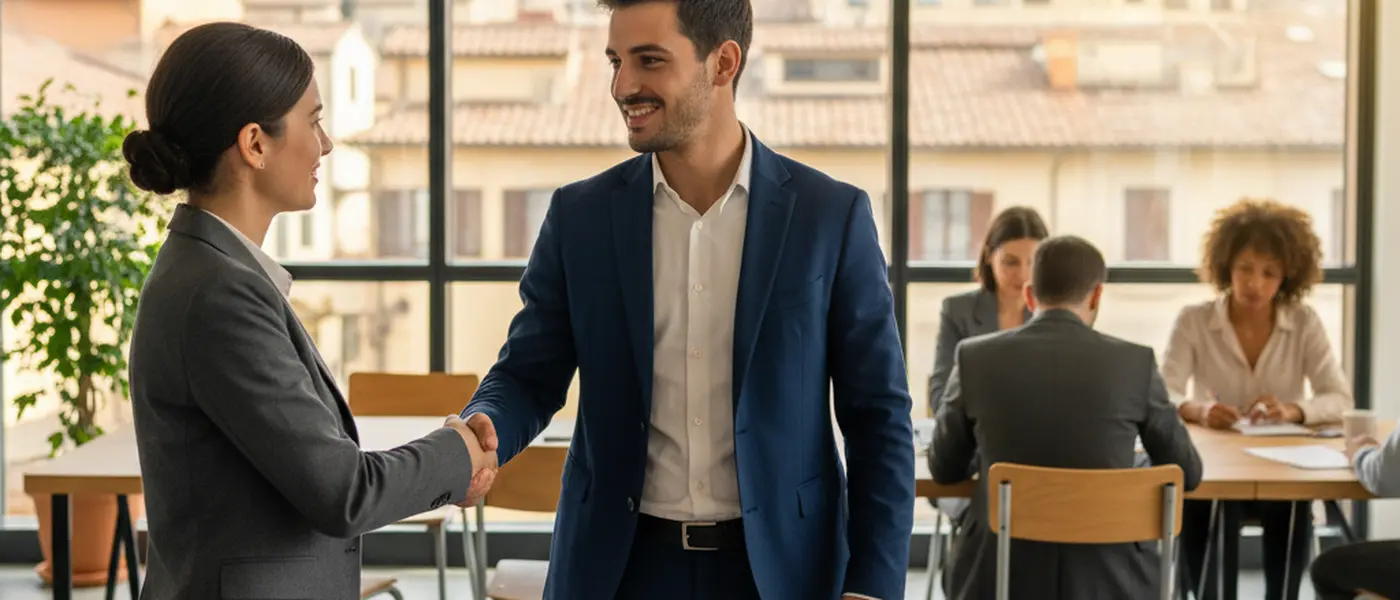 Imprenditore italiano che stringe la mano a un consulente professionista in un ufficio moderno