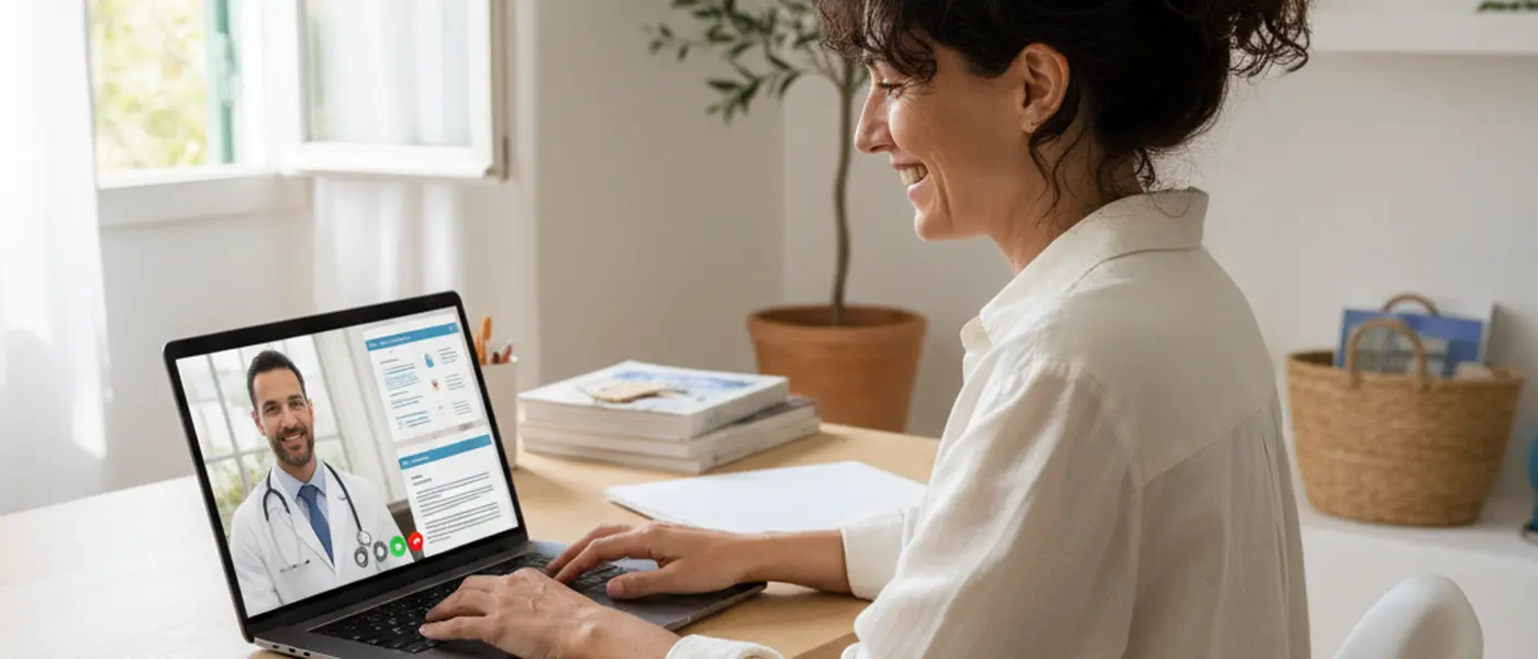 Donna italiana in videoconsulenza con un esperto su laptop in un luminoso ufficio domestico