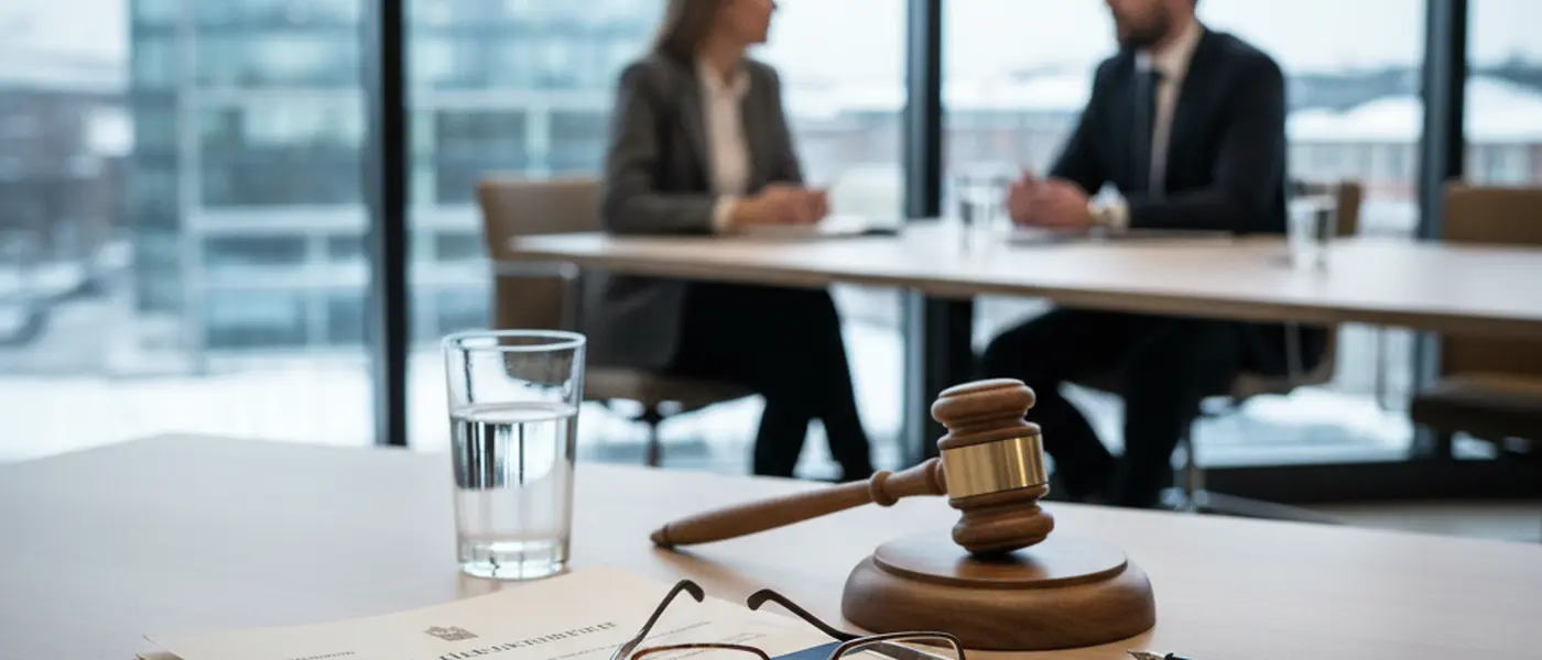 Juridiska dokument, ordförandeklubba och läsglasögon på ett skrivbord i en nordisk advokatbyrå