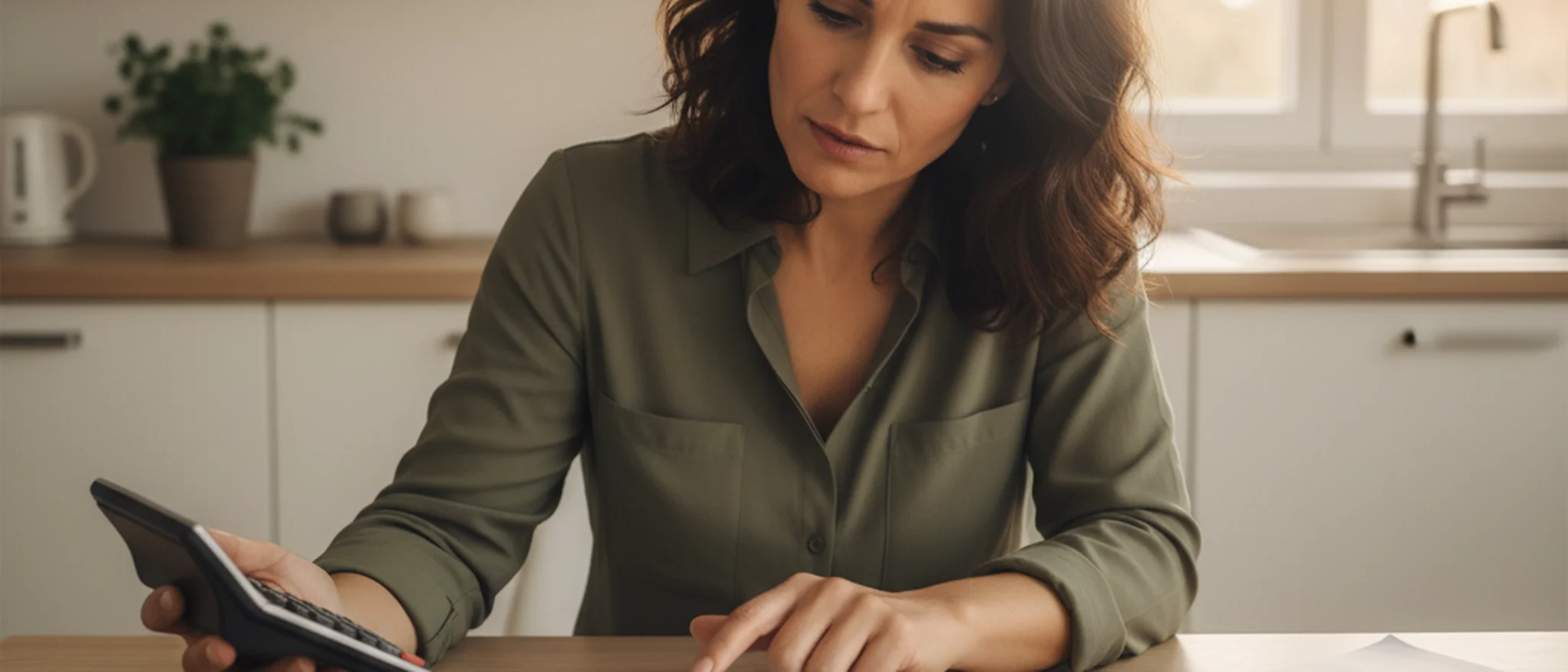 Genitore italiano che controlla la pagella scolastica con calcolatrice e banconote in euro sul tavolo della cucina